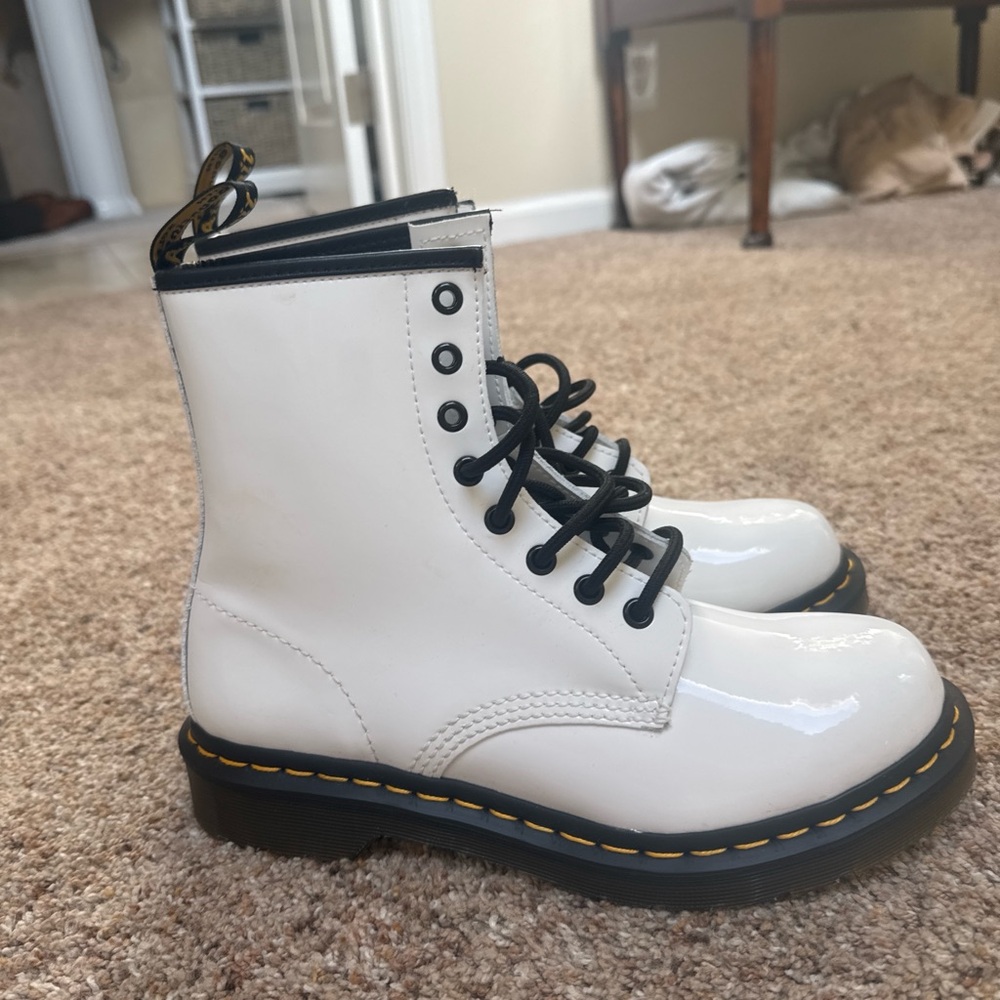 White Lace-Up Boots with Black Trim